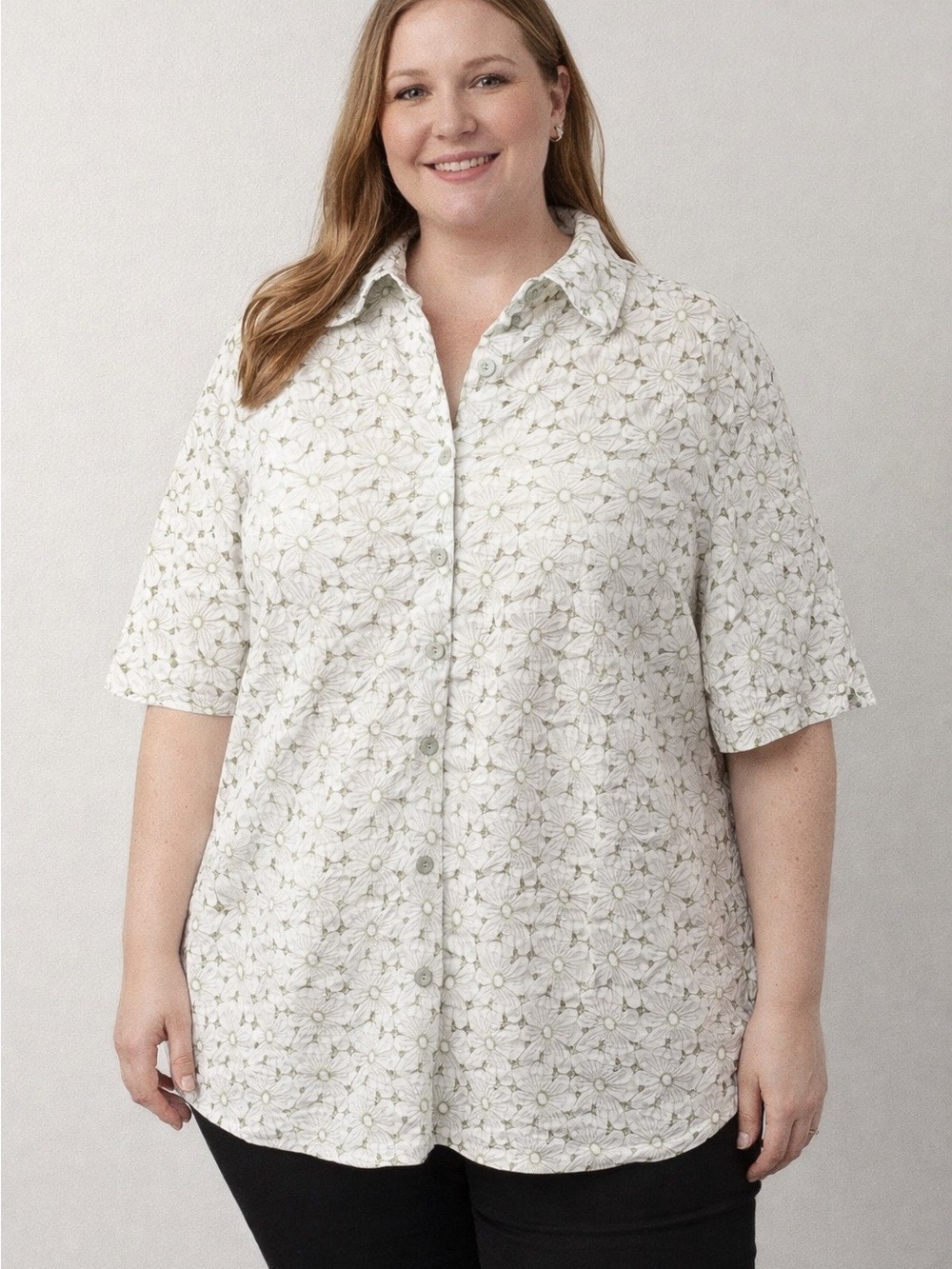 😍SHOW SPECIAL Lana Lee White Green Eyelet Button Front Cotton Blouse